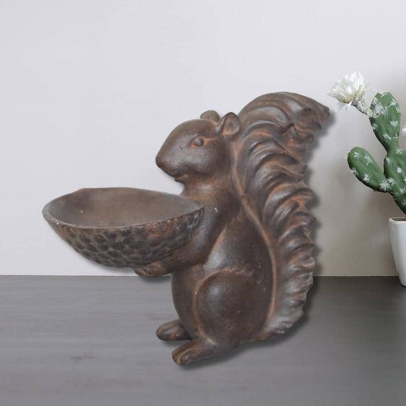 Comfy Hour Farmhouse Collection 8" Decorative Squirrel Holding A Plate Figurine, for Indoor Candy Plate Or Outdoor Birdfeeder Use, Polyresin Statue Antique Copper Looking - Image 2